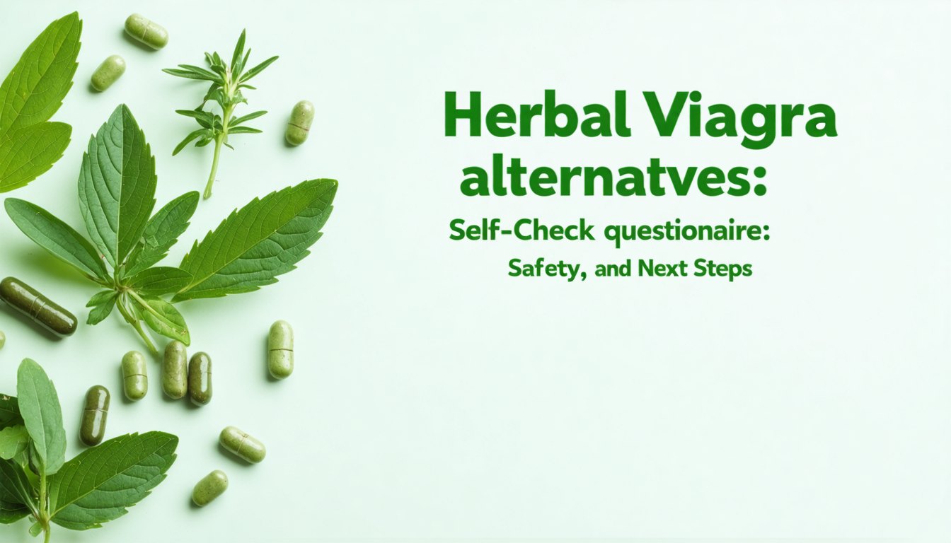 Checklist questionnaire about herbal Viagra alternatives with capsules, herbs, and a notepad on a desk