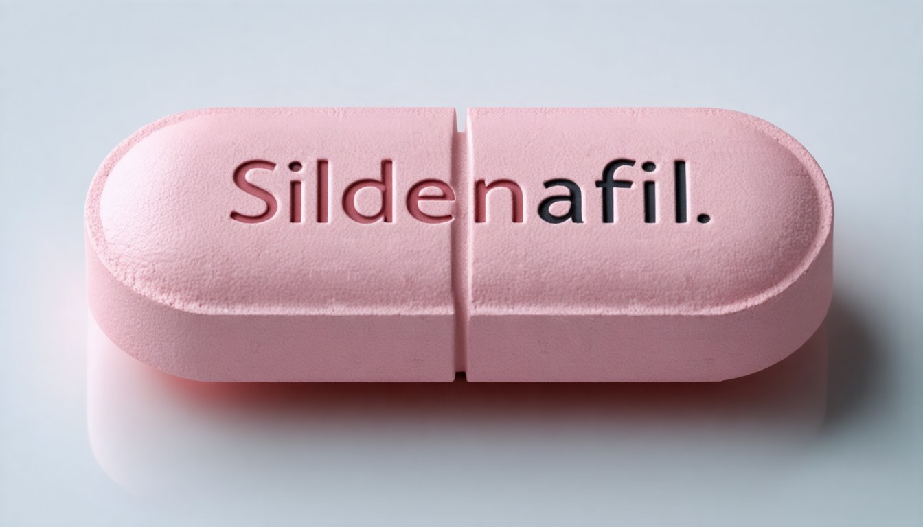 Illustration of sildenafil tablets and blood vessel mechanism related to erectile function
